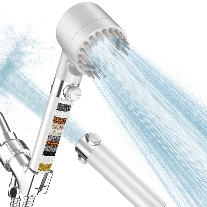 PWERAN Filtered Shower Head with Handheld  High Pressure 3 Spray Mode Showerhead with 18 Stage Water Softener Filters for Hard Water - Handheld Shower Head-Remove Chlorine-White - Image 1